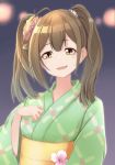  1girl :d ahoge amai_nekuta brown_hair commentary_request eyebrows_visible_through_hair flower green_kimono hair_ornament idolmaster idolmaster_shiny_colors japanese_clothes kimono kuwayama_chiyuki long_hair looking_at_viewer obi open_mouth sash smile solo twintails upper_body 