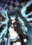  black_hair black_rock_shooter black_rock_shooter_(character) blue_eyes blue_fire blue_flame checkered checkered_floor coat fire highres long_hair pale_skin ruruta scar shorts solo sword twintails weapon 