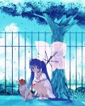  bad_id blue_eyes blue_hair blush dog hatsune_miku highres leaf long_hair parasol squatting tree twintails umbrella very_long_hair vocaloid 