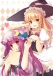  argyle argyle_background arm_on_head blonde_hair book chin_rest crescent hat heart highres holding_hands kirisame_marisa multiple_girls open_book open_mouth patchouli_knowledge purple_hair sheska_xue smile touhou witch_hat 