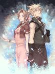  blonde_hair blue_eyes bolero bracelet brown_hair choker cloud_strife couple dress final_fantasy final_fantasy_vii final_fantasy_vii_advent_children fujimaru gloves green_eyes hair_ribbon highres holding_hands jewelry long_hair petals ponytail ribbon smile spiked_hair spiky_hair 