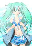  aqua_eyes aqua_hair bikini_top flat_chest front-tie_top hatsune_miku highres kouya_nanase long_hair skirt sparkle swimsuit twintails vocaloid 