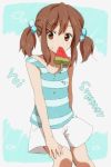  aon0 bad_id bar brown_eyes brown_hair food fruit hair_ornament hairpin hirasawa_yui k-on! mouth_hold popsicle shorts solo striped suika_bar summer twintails watermelon 