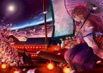 character_request cherry_blossoms clouds east_asian_architecture flower house japanese_architecture japanese_clothes lantern mizumiyako moon night night_sky oriental_umbrella original petals sakazuki sake series_request sitting sky solo star star_(sky) starry_sky tree umbrella