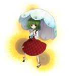  ascot flower from_above green_hair kazami_yuuka kintaro looking_up mary_janes parasol plaid plaid_skirt plaid_vest red_eyes shoes skirt skirt_set smile solo sunflower touhou umbrella young 