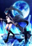  arm_cannon belt bikini_top black_hair black_rock_shooter black_rock_shooter_(character) blue_eyes boots coat glowing glowing_eyes greave_(artist) highres long_hair midriff moon navel pale_skin scar shorts solo sword twintails weapon 