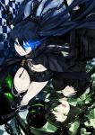  absurdres arm_cannon black_hair black_rock_shooter black_rock_shooter_(character) blue_eyes boots chain coat dead_master glowing glowing_eyes green_eyes highres long_hair midriff multiple_girls nana_g pale_skin shorts smile sword twintails weapon 