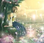  1girl arm_support bare_shoulders barefoot bow brown_hair detached_sleeves dress facing_to_the_side feet_in_water female final_fantasy final_fantasy_x japanese_clothes kimikahamu lake nature obi pyrefly scenery short_hair sitting sky solo tree water yuna 