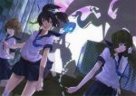  arm_cannon bandages bikini_top black_hair black_rock_shooter black_rock_shooter_(character) blue_eyes brown_eyes brown_hair dead_master glowing glowing_eyes highres ini koutari_yuu kuroi_mato long_hair school_uniform scythe serafuku short_hair shorts skirt takanashi_yomi twintails weapon 