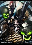  arm_cannon bikini_top black_hair black_rock_shooter black_rock_shooter_(character) blue_eyes boots chain coat dead_master glowing glowing_eyes green_eyes highres horns karei_(hirameme) long_hair midriff scar scythe shorts skull smile twintails uro_(colossus) very_long_hair weapon 