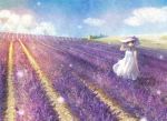  cloud clouds dress field flower_field hand_on_hat hat landscape lavender_(flower) naruse_chisato naruti original scenery short_hair sky smile solo standing sundress 