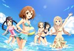  ball beachball bikini black_eyes black_hair blonde_hair blue_eyes brown_eyes brown_hair highres hirasawa_yui k-on! kotobuki_tsumugi long_hair nakano_azusa rakuhei short_hair splash swimsuit tainaka_ritsu twintails wading water waving 