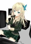  blonde_hair boku_wa_tomodachi_ga_sukunai controller game_controller hair_ornament kashiwazaki_sena miyako_tart mouth_hold plaid plaid_skirt playstation skirt 