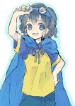 blue_hair cape goggles goggles_on_head grin inazuma_eleven otonashi_haruna raglan_sleeves short_hair smile soto 