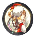 blouse bow bust flandre_scarlet frame grin hat looking_back red_eyes short_hair side_ponytail smile solo touhou tsukimoto_aoi vest wings 