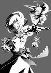  alice_margatroid bow doll expressionless fairy_wings foreshortening hair_over_one_eye hairband hands high_contrast highres lance monochrome no_eyes polearm shanghai shanghai_doll short_hair slit_pupils string touhou tsukimoto_aoi weapon wings 