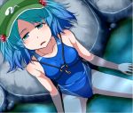  blue_eyes blue_hair competition_swimsuit erect_nipples hair_bobbles hair_ornament hat kawashiro_nitori key one-piece_swimsuit saya_(sayamendo) short_hair solo swimsuit touhou twintails 