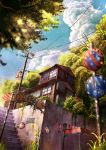  air_conditioner bush cloud clouds cola_(gotouryouta) cola_(pixiv810305) grass highres house lamppost no_humans original power_lines road_sign scenery shade sign sky stairs sunbeam sunlight tree 