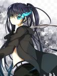  black_hair black_rock_shooter black_rock_shooter_(character) blue_eyes blue_fire blue_flame coat fire gloves long_hair paranato shorts sword twintails very_long_hair weapon 