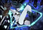  absurdres armpits bare_shoulders belt bikini_top black_rock_shooter black_rock_shooter_(character) blue_eyes boots breasts chain collarbone from_below glowing glowing_eyes highres knee_boots leg_lift long_hair scar shorts solo stregoicavar sword twintails under_boob underboob weapon 
