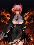  1girl arknights black_background black_gloves black_jacket black_skirt breasts closed_mouth collared_shirt commentary_request dress_shirt fiammetta_(arknights) fire gloves gun hair_between_eyes highres holding holding_gun holding_weapon jacket looking_at_viewer medium_breasts open_clothes open_jacket pink_hair red_eyes shirt simple_background skirt solo weapon white_shirt yuec 