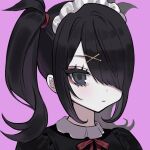  1girl ame-chan_(needy_girl_overdose) black_eyes black_hair black_shirt closed_mouth collared_shirt expressionless hair_over_one_eye looking_at_viewer maid_headdress neck_ribbon needy_girl_overdose one_eye_covered pink_background portrait ribbon shirt short_twintails sidelocks simple_background solo syuni_(iwakura_666) twintails 