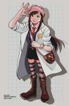  1girl :o ace_attorney ace_attorney_investigations bag boots brown_bag brown_footwear brown_hair coat collared_shirt ema_skye ema_skye_(aai) eyewear_on_headwear full_body green_eyes grid_background hat highres lab_coat long_hair looking_up lower_teeth_only necktie open_clothes open_coat open_mouth pink_headwear rat_nkmi red_necktie shadow shirt shorts shoulder_bag solo striped_clothes striped_thighhighs sunglasses teeth thigh-highs twitter_username vest white_coat 