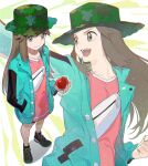  1girl arm_up bag black_footwear brown_eyes brown_hair bucket_hat hand_in_pocket hat highres jacket kyufe leaf_(pokemon) leaf_(sygna_suit)_(pokemon) leaf_print open_mouth pink_shirt pointing poke_ball poke_ball_(basic) pokemon pokemon_frlg pokemon_masters_ex shirt shoes shoulder_bag smile 