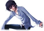  1boy arm_on_knee arm_support artist_request black_hair black_pants book buttons closed_mouth code_geass code_geass:_lost_stories collarbone collared_shirt dutch_angle game_cg hair_between_eyes half-closed_eyes happy holding holding_book knee_up leaning_to_the_side lelouch_vi_britannia long_sleeves looking_at_viewer male_focus non-web_source official_art pants pectoral_cleavage pectorals shirt short_hair sidelocks simple_background sitting smile solo transparent_background violet_eyes white_shirt 