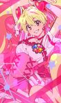  1girl blonde_hair choker collarbone cure_peach dress earrings fresh_precure! grin hair_between_eyes hair_ornament heart heart_earrings heart_hair_ornament highres jewelry long_hair momozono_love pink_choker precure puffy_sleeves satou_asuka smile solo star_(symbol) twintails 