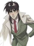  1boy black_eyes black_hair coat coat_on_shoulders collared_shirt commentary_request cowboy_shot green_jacket hair_between_eyes hand_in_pocket highres itou_kaiji jacket kaiji korean_commentary long_bangs long_hair looking_at_viewer male_focus necktie panespaghetti red_necktie scar scar_on_cheek scar_on_face shirt simple_background solo striped_clothes striped_jacket suit v-shaped_eyebrows vertical-striped_clothes vertical-striped_jacket white_coat white_shirt 