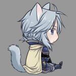  1boy animal_ears armor armored_boots blue_armor blue_eyes blue_footwear boots cape cat_boy cat_ears chibi commentary_request dated elbow_pads expressionless facing_away faulds final_fantasy final_fantasy_i full_armor full_body greaves grey_background grey_hair hands_on_lap hiryuu_(kana_h) jitome kemonomimi_mode long_hair lowres male_focus pauldrons poleyn shoulder_armor signature simple_background sitting solo spiked_armor waist_cape warrior_of_light_(ff1) yellow_cape 