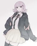  1girl black_jacket black_shirt black_thighhighs brown_skirt collared_shirt cowboy_shot danganronpa_(series) danganronpa_2:_goodbye_despair dress_shirt grey_background highres jacket long_sleeves miniskirt nanami_chiaki neck_ribbon open_clothes open_jacket pink_hair pink_ribbon pleated_skirt ribbon shino_(msmu3888) shirt simple_background skirt sleeves_past_wrists solo spaceship_hair_ornament thigh-highs two-tone_shirt white_shirt zettai_ryouiki 