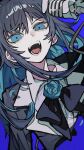  1girl ado_(utaite) black_hair black_ribbon black_suit blue_background blue_eyes blue_flower blue_rose chappii_(paon_gunsou) flower gloves highres long_hair microphone music ribbon rose screaming simple_background singing suit teeth tongue utaite white_gloves white_hair 