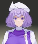  1girl aroevela black_background closed_mouth commentary gradient_background highres lapel_pin letty_whiterock looking_at_viewer purple_hair short_hair solo touhou upper_body violet_eyes white_headwear 