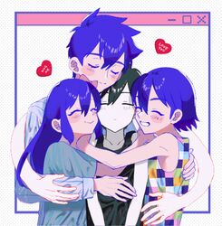  1girl 3boys absurdres antenna_hair aqua_shirt aubrey_(headspace)_(omori) aubrey_(omori) black_eyes black_hair black_tank_top blue_pajamas blush bow checkered_clothes checkered_shirt closed_eyes closed_mouth colored_skin grin group_hug hair_between_eyes hair_bow hand_on_another&#039;s_shoulder heart hero_(headspace)_(omori) hero_(omori) highres hug kel_(headspace)_(omori) kel_(omori) long_hair long_sleeves multiple_boys omori omori_(omori) pajamas pink_bow polka_dot polka_dot_background purple_hair shirt short_hair short_sleeves sleeveless smile striped_clothes striped_pajamas striped_shirt tank_top tio_zomi vertical-striped_clothes vertical-striped_pajamas vertical-striped_shirt white_skin 