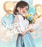  1girl :d aqua_bow aqua_ribbon aqua_sailor_collar aqua_skirt balloon beret black-framed_eyewear blue_sailor_collar blush bow braid brown_eyes brown_hair commentary_request cross-laced_clothes cross-laced_skirt flower frilled_sleeves frills glasses hair_over_shoulder hanabasami_kyou happy_birthday hat heart_balloon high-waist_skirt holding holding_flower looking_at_viewer morifumi open_mouth re:act ribbon round_eyewear sailor_collar school_uniform serafuku shirt skirt sleeve_ribbon smile solo teeth twin_braids upper_teeth_only virtual_youtuber white_shirt 