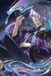  1boy black_pants duetrofl fur_collar grey_hair hair_over_one_eye hand_up holding hwei_(league_of_legends) jacket knees_up league_of_legends long_hair long_sleeves male_focus pants purple_jacket solo sparkle starry_background winterblessed_hwei 