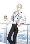  1boy 2022 against_railing belt black_belt black_pants blonde_hair building business_suit closers coffee_cup collared_shirt cup disposable_cup dress_shirt feet_out_of_frame highres holding holding_cup holding_paper id_card lanyard looking_to_the_side male_focus official_art open_mouth pant_suit pants paper paperclip railing red_eyes salaryman shirt short_hair sleeves_pushed_up solo square_mouth standing suit suspenders sweat turning_head watch watch white_background white_shirt wolfgang_schneider 