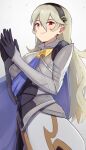  1girl absurdres armor black_gloves black_hairband blue_cape cape closed_mouth corrin_(female)_(fire_emblem) corrin_(fire_emblem) fire_emblem fire_emblem_fates gloves grey_hair hair_between_eyes hairband highres long_hair looking_at_viewer oruru63100814 pointy_ears red_eyes smile solo white_background 