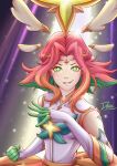  1girl absurdres artist_name brown_hair colored_skin covered_collarbone darc_arts elbow_gloves freckles gloves green_eyes green_skin grey_gloves grey_shirt grin highres league_of_legends multicolored_hair neeko_(league_of_legends) parted_bangs redhead shirt smile solo star_guardian_neeko teeth two-tone_hair upper_body 