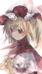  1girl absurdres amagi_xx ascot blonde_hair bow collar flandre_scarlet hat hat_ribbon highres mob_cap red_collar red_eyes red_vest ribbon sideways sideways_glance solo touhou upper_body vest white_background white_headwear yellow_ascot 