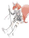  1girl absurdres animal_ears arknights armor boots brown_eyes closed_mouth commentary_request flametail_(arknights) full_body gauntlets grey_skirt hair_between_eyes highres holding holding_sword holding_weapon knee_boots long_hair pauldrons redhead shoe_soles shoulder_armor simple_background sketch skirt solo sword tail uta_shiro11 very_long_hair weapon white_background white_footwear 