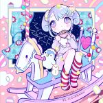  1girl artist_self-insert bib bird blue_hair clouds constellation cup curtains food full_body hands_up highres holding holding_cup kiato knees_up kuishinbo_akachan long_sleeves loose_socks marshmallow marshmallow_macchiato penguin pink_background pink_eyes rainbow red_socks rocking_horse short_hair sidelocks sitting sky socks solo song_name star_(sky) starry_sky striped_clothes striped_socks two_side_up window yunomi_(musician) 