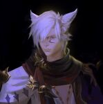  1boy absurdres animal_ears black_background blue_eyes cat_boy cat_ears closed_mouth commentary commission dark_background english_commentary facial_mark facial_tattoo faux_traditional_media final_fantasy final_fantasy_xiv hair_over_one_eye highres jewelry lips male_focus miqo&#039;te scarf short_hair simple_background slit_pupils solo tattoo violet_eyes warrior_of_light_(ff14) white_hair yuming_li 