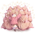  1girl :3 :d absurdres animal_ear_fluff animal_ears brown_hair chibi double_v fox_ears fox_girl fox_tail highres hood hoodie komuginyan long_hair long_sleeves looking_at_viewer miniskirt multiple_tails one_eye_closed original outstretched_arms pink_hoodie pleated_skirt simple_background skirt smile socks standing standing_on_one_leg star_(symbol) tail too_much_fluff twitter_username v very_long_hair violet_eyes white_background white_socks 