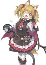  1girl :d absurdres animal_ear_fluff animal_ears arknights black_gloves blonde_hair breasts character_name commentary_request dress fang feet_out_of_frame gloves hair_between_eyes highres holding holding_staff looking_at_viewer medium_breasts one_eye_closed open_mouth red_eyes semi_colon short_sleeves simple_background smile solo sora_(arknights) staff standing tail thigh-highs twintails white_background white_thighhighs wolf_ears wolf_girl wolf_tail 