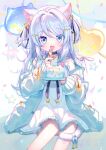  1girl :d animal_ear_fluff animal_ears aqua_hair bell black_choker blue_cardigan blue_eyes cake cardigan cat_ears cat_girl cat_tail choker commentary_request commission d_omm dress facing_viewer food fork frilled_dress frills grey_hair hair_bell hair_ornament indie_virtual_youtuber long_hair long_sleeves multicolored_hair nekono_shiyu off_shoulder open_cardigan open_clothes open_mouth plate sitting sleeveless sleeveless_dress smile streaked_hair tail two_side_up virtual_youtuber watermark white_dress white_hair 