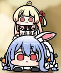  2girls ahoge animal_ear_fluff animal_ears blonde_hair blue_hair blush braid carrot_hair_ornament chibi food-themed_hair_ornament hair_ornament hair_ribbon hololive hololive_dev_is jazz_jack long_hair multicolored_hair multiple_girls musical_note musical_note_hair_ornament one_side_up otonose_kanade rabbit_ears rabbit_girl red_eyes red_ribbon ribbon smile thick_eyebrows twin_braids twintails two-tone_hair usada_pekora virtual_youtuber white_hair 