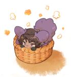  1boy :3 animal_ears basket black_gloves chibi dark-skinned_male dark_skin e.g.o_(project_moon) gloves heathcliff_(project_moon) in_basket limbus_company project_moon simple_background solo tail uchimura_(rino0525) violet_eyes white_background wolf_boy wolf_ears wolf_tail 